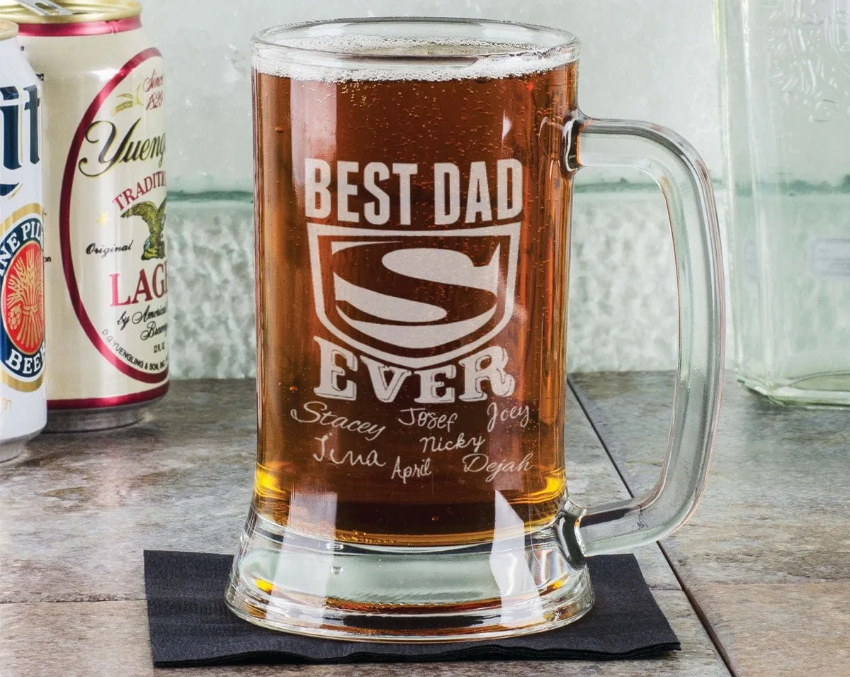 Best DAD Ever Fathers Day Beer Mug 16 Oz  Engraved Father's Day Birthday Gift Super Dad with Kids Names Gift for Dad, Daddy, Father, Grandpa