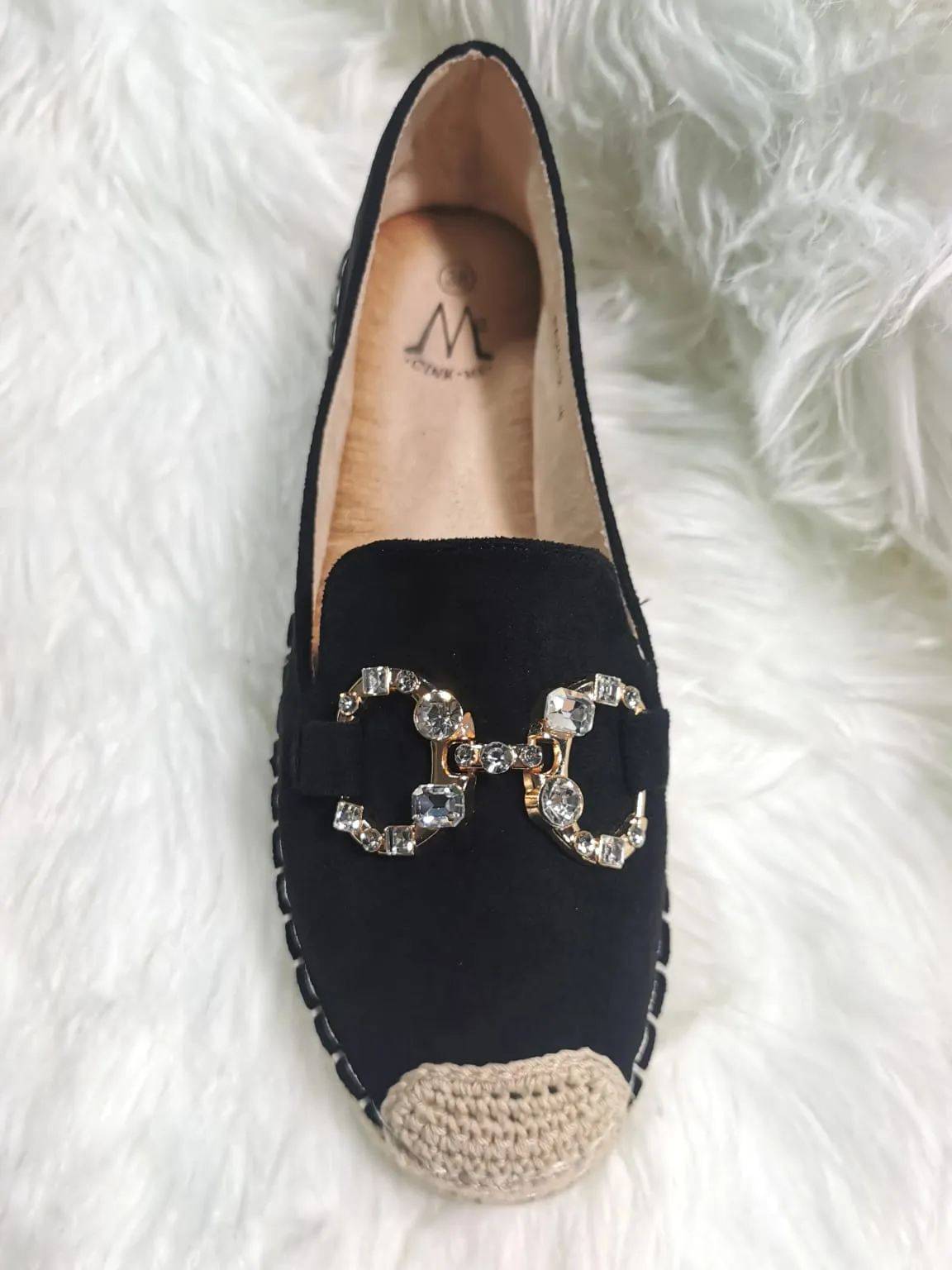 BLACK CRYSTAL EMBELLISHED FAUX SUEDE SLIP ON ESPADRILLE