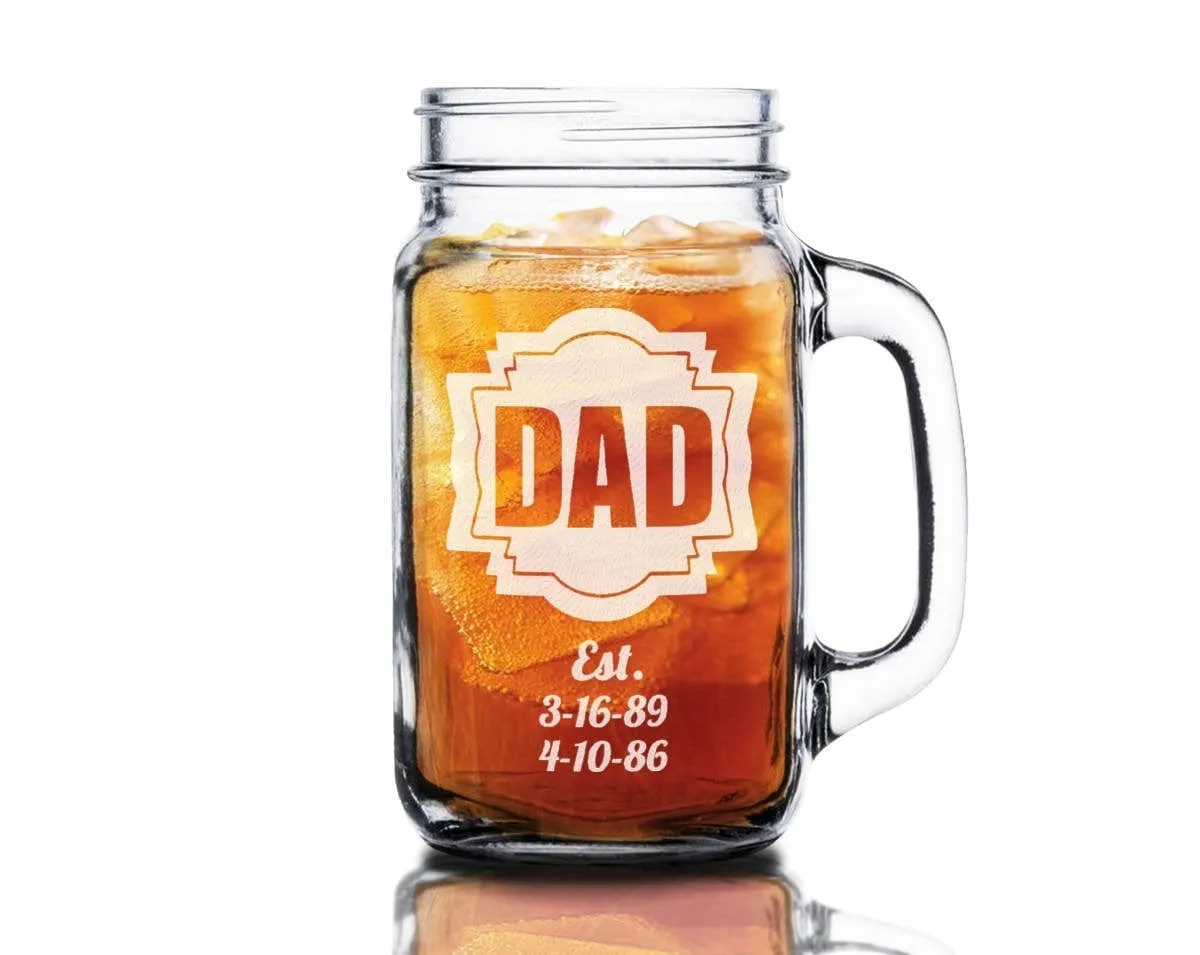 DAD Fathers Day Gift Idea Engraved Mason Jar Mug 16 Oz Personalized Drinking Glass Etched Gift for Father Grandpa Kids Birth Dates