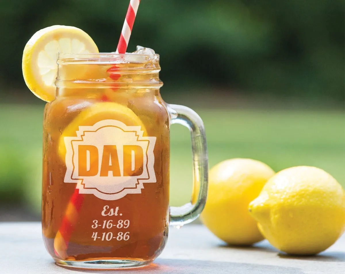 DAD Fathers Day Gift Idea Engraved Mason Jar Mug 16 Oz Personalized Drinking Glass Etched Gift for Father Grandpa Kids Birth Dates