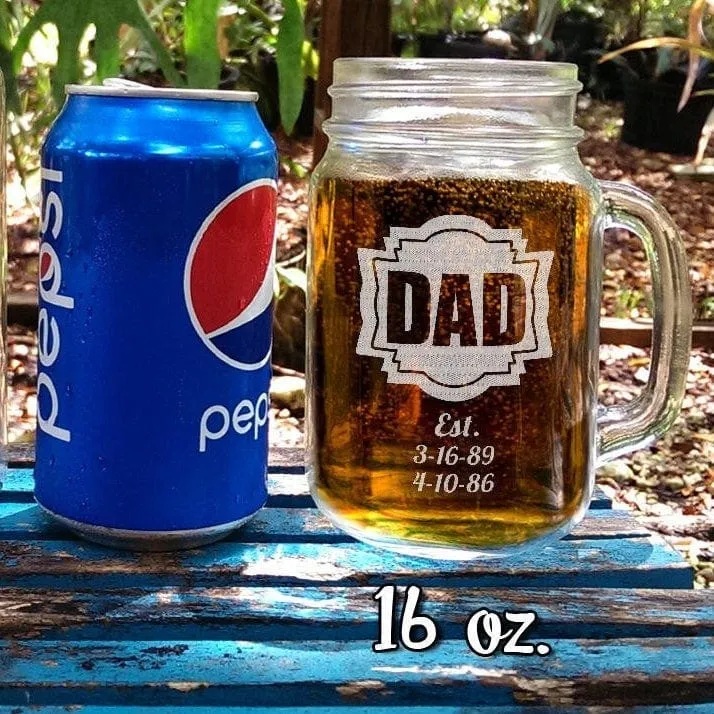 DAD Fathers Day Gift Idea Engraved Mason Jar Mug 16 Oz Personalized Drinking Glass Etched Gift for Father Grandpa Kids Birth Dates