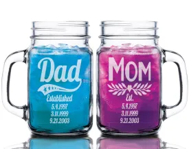 Dad Mom Combo Set of 2 Custom Mason Jar with Established Date Daddy Papa Gifts Mommy Mama Parents Mugs Mothers Day Fathers Day Present Idea