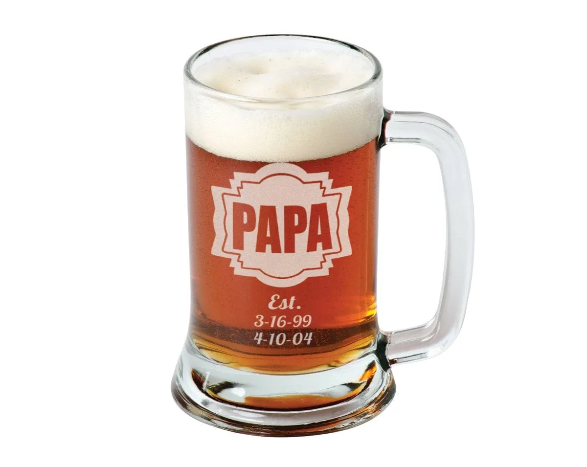 DADDY 16 Oz Gifts for DAD Fathers Day Beer Mug Engraved Father's Day Gift Idea Personalized Glass Etched Father Grandpa Kids Birth Dates