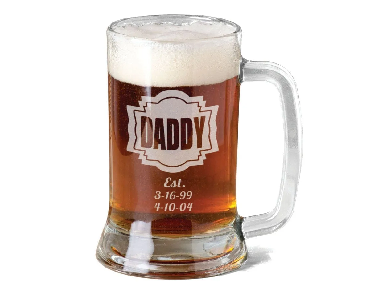 DADDY 16 Oz Gifts for DAD Fathers Day Beer Mug Engraved Father's Day Gift Idea Personalized Glass Etched Father Grandpa Kids Birth Dates