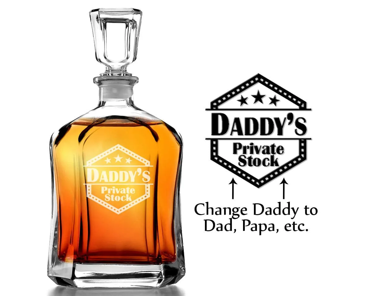 Daddy's Private Stock Dad Papa Personalized 23oz Whiskey Glass Decanter for Father's Day, Grandpa, Husband Birthday, from Son, Wife