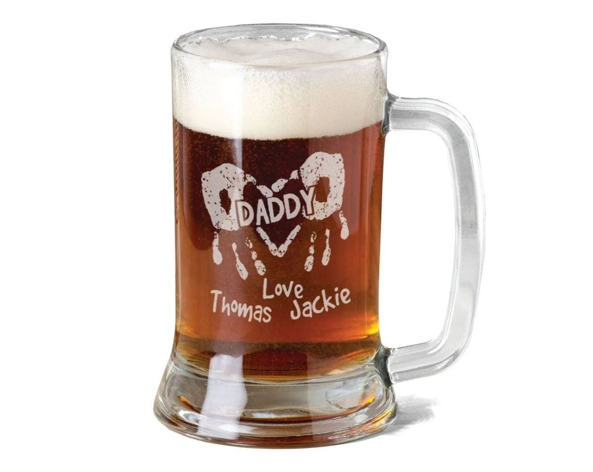 Gift for DAD Handprints Fathers Day Beer Mug Engraved Father's Gifts Personalize Birthday Etched Gift Father Grandpa Kids Names Son Daughter