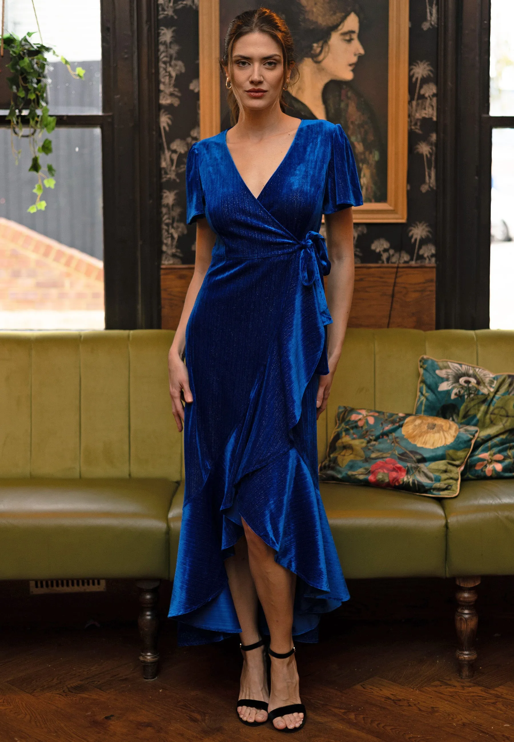 Glitter Velvet Wrap Dress with Ruffle Hem