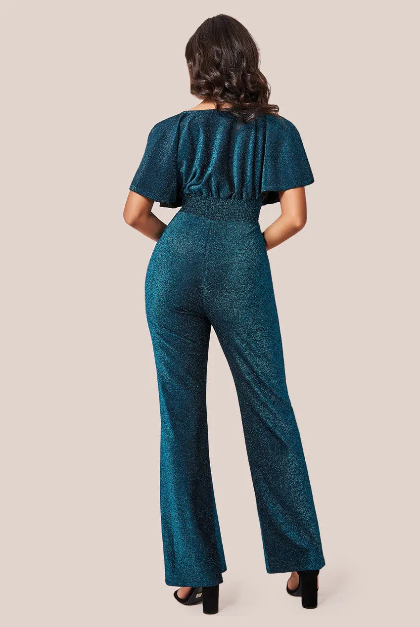 Goddiva Lurex Wrap Style Jumpsuit - Blue