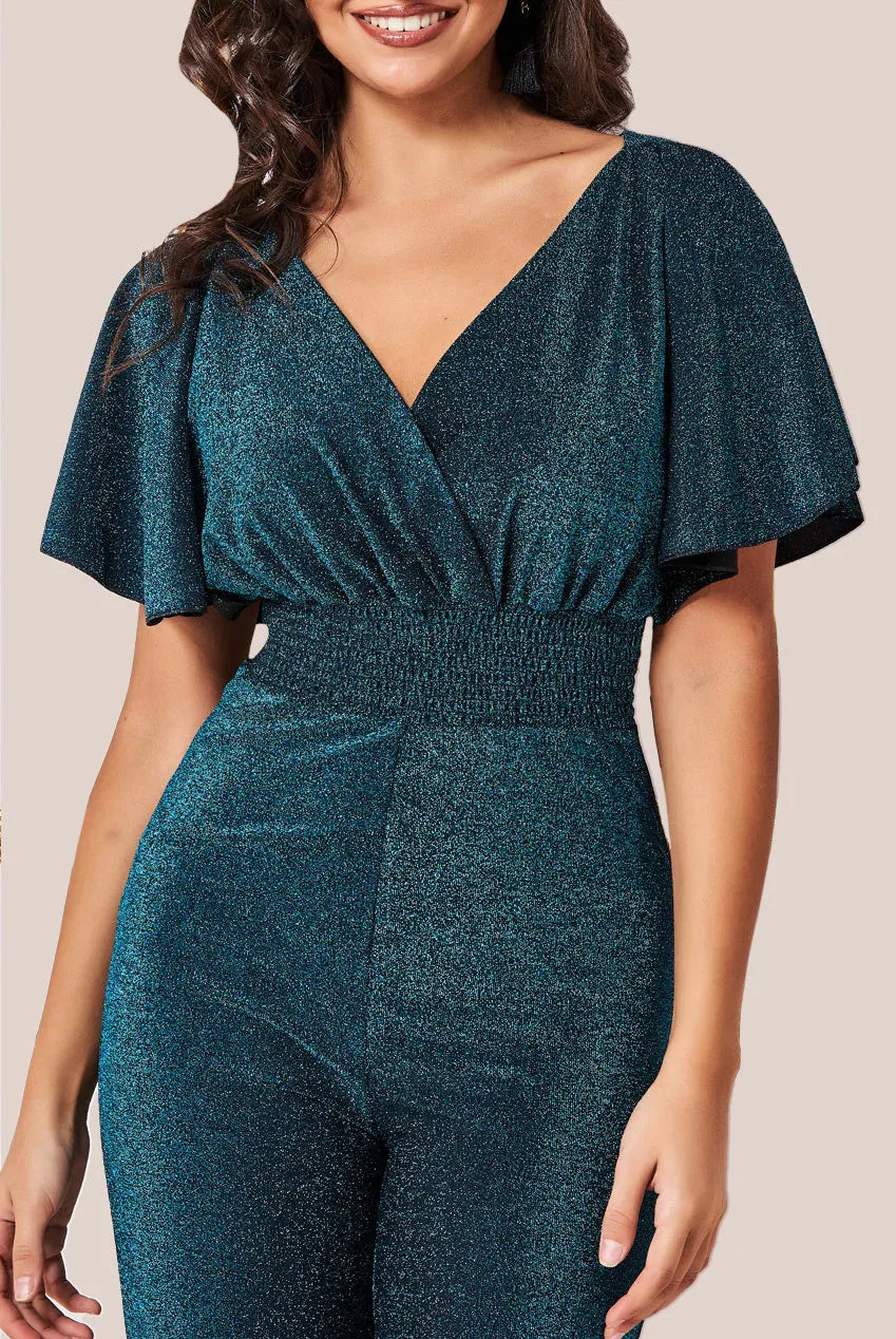 Goddiva Lurex Wrap Style Jumpsuit - Blue