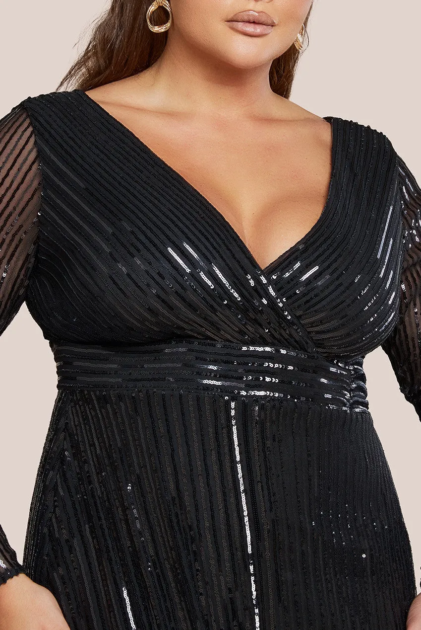 Goddiva Plus Long Sleeve Sequin V Wrap Maxi Dress - Black