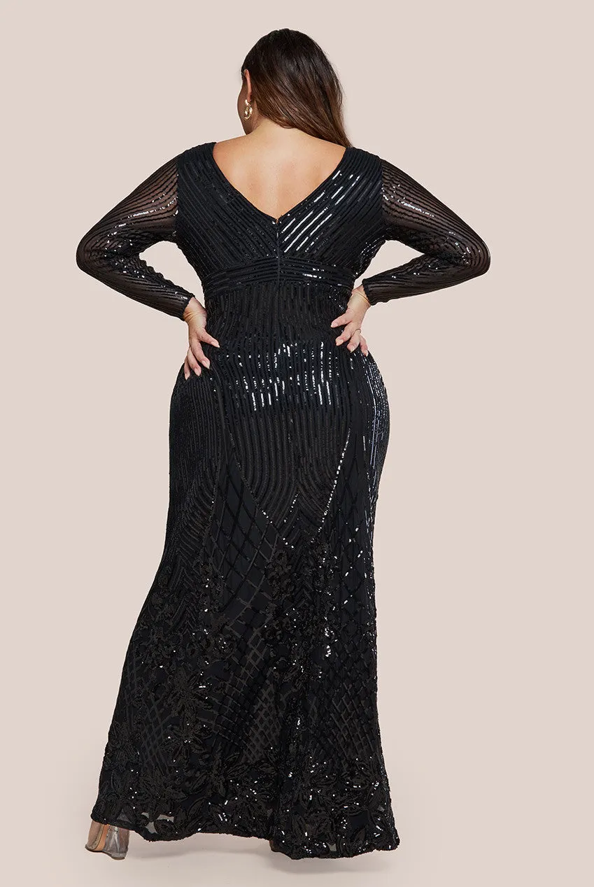 Goddiva Plus Long Sleeve Sequin V Wrap Maxi Dress - Black