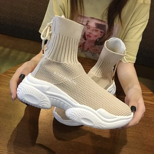 Ins Socks Shoes Women's  New Fall Student Fly Woven Mesh Face Breathable Muffin Old Dad Shoes High Top Sneakers