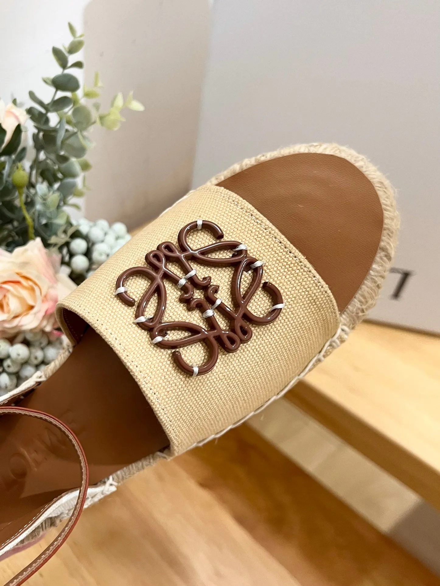 Loew Anagram Beige Brown Leather And Canvas Espadrille Sandals