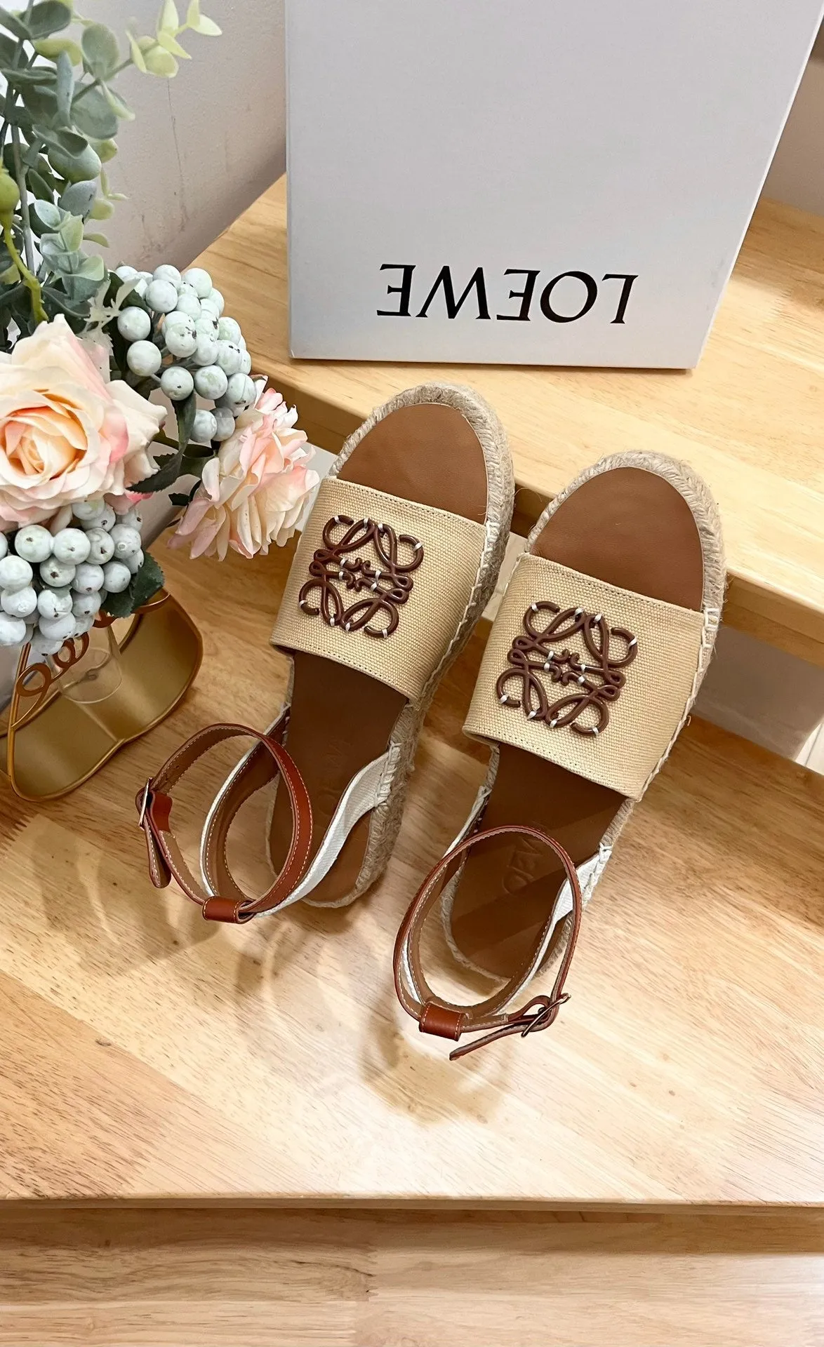 Loew Anagram Beige Brown Leather And Canvas Espadrille Sandals