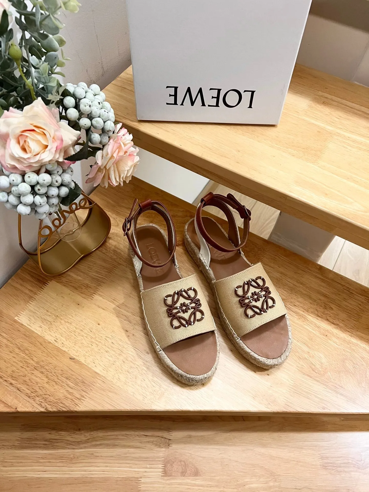 Loew Anagram Beige Brown Leather And Canvas Espadrille Sandals