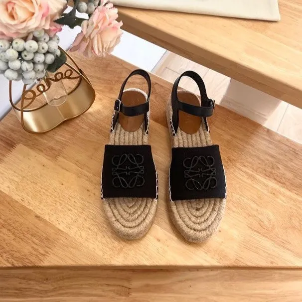 Loew Anagram Black Beige Leather And Canvas Espadrille Sandals