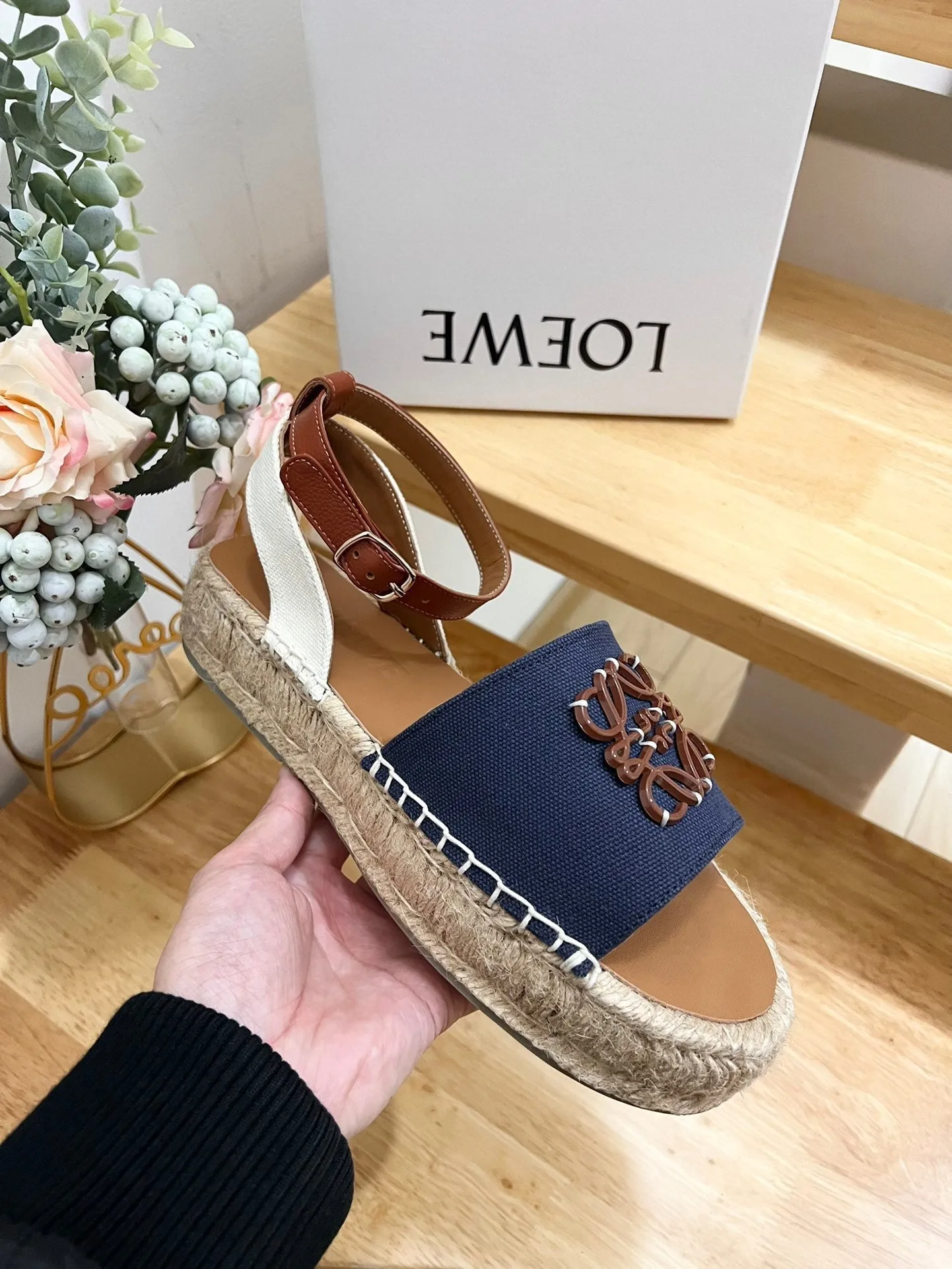 Loew Anagram Denim Brown Leather And Canvas Espadrille Sandals