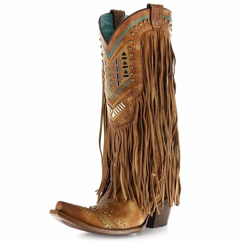 Mid Calf Cowgirl Boots Western Country Boots with Fringe