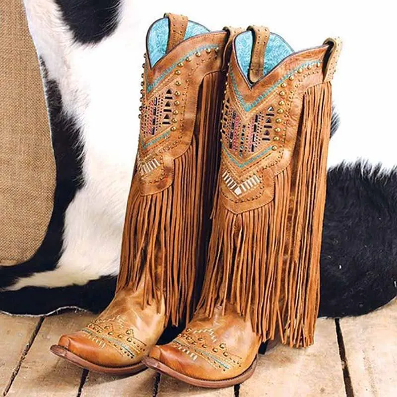 Mid Calf Cowgirl Boots Western Country Boots with Fringe