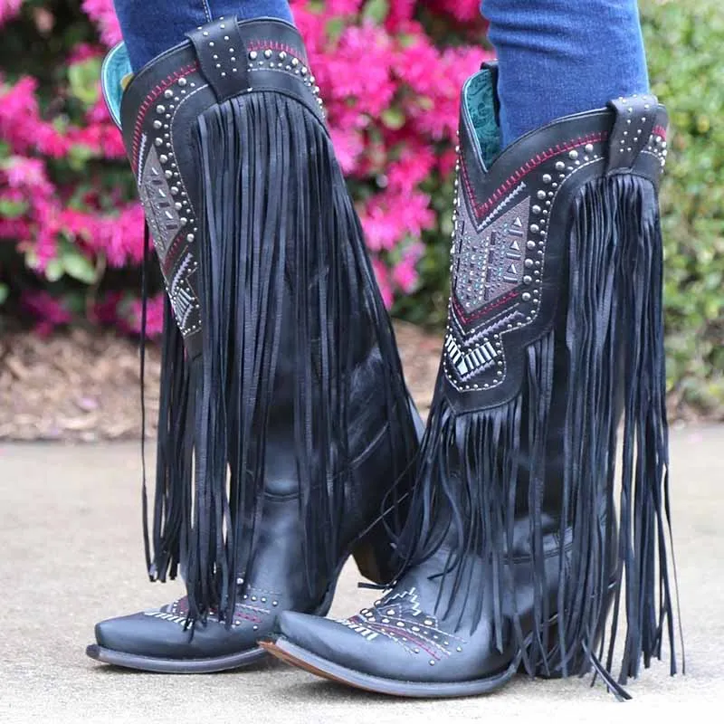 Mid Calf Cowgirl Boots Western Country Boots with Fringe