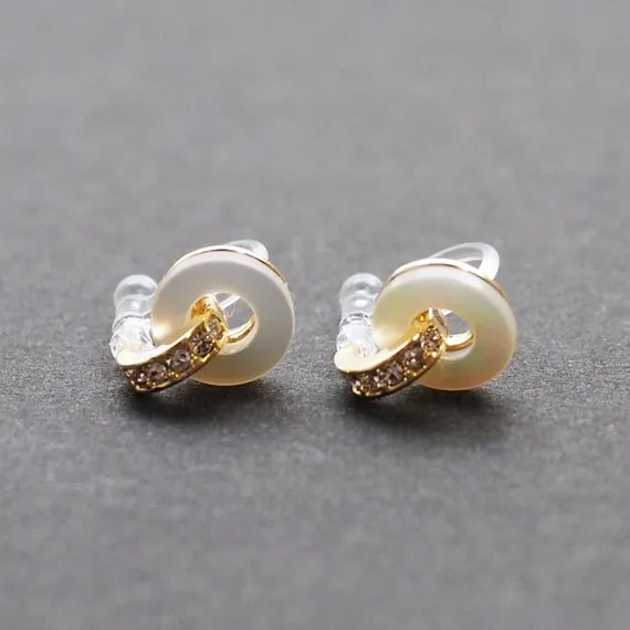 Mother Of Pearl Hoop Invisible Clip On Stud Earrings (Gold tone)