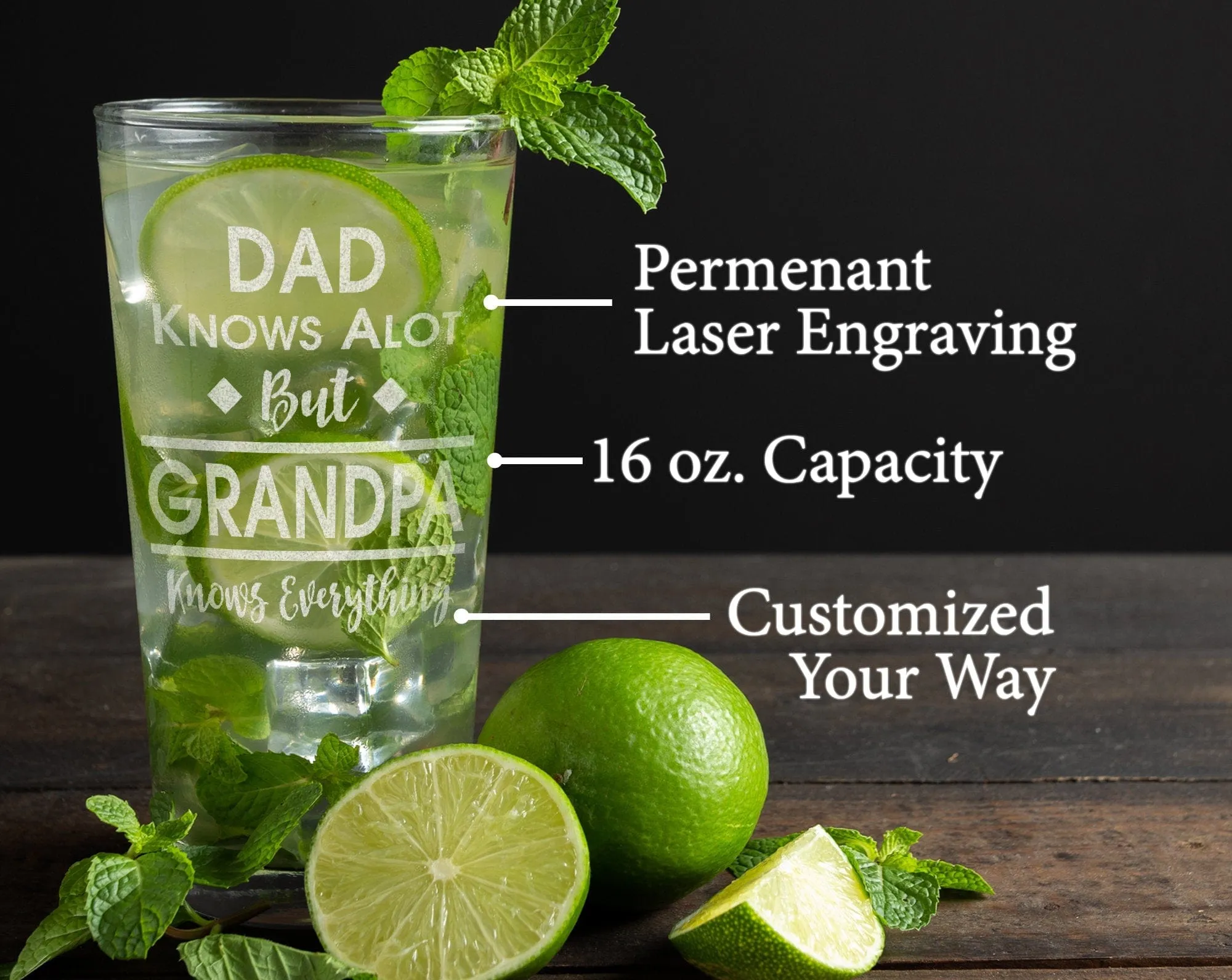 ONE Dad Knows Alot But Grandpa Knows Everything Funny Gag Gift for Him Her Mom Grandma Sister Family Comedy Pub Glass New Grandpa Daddy