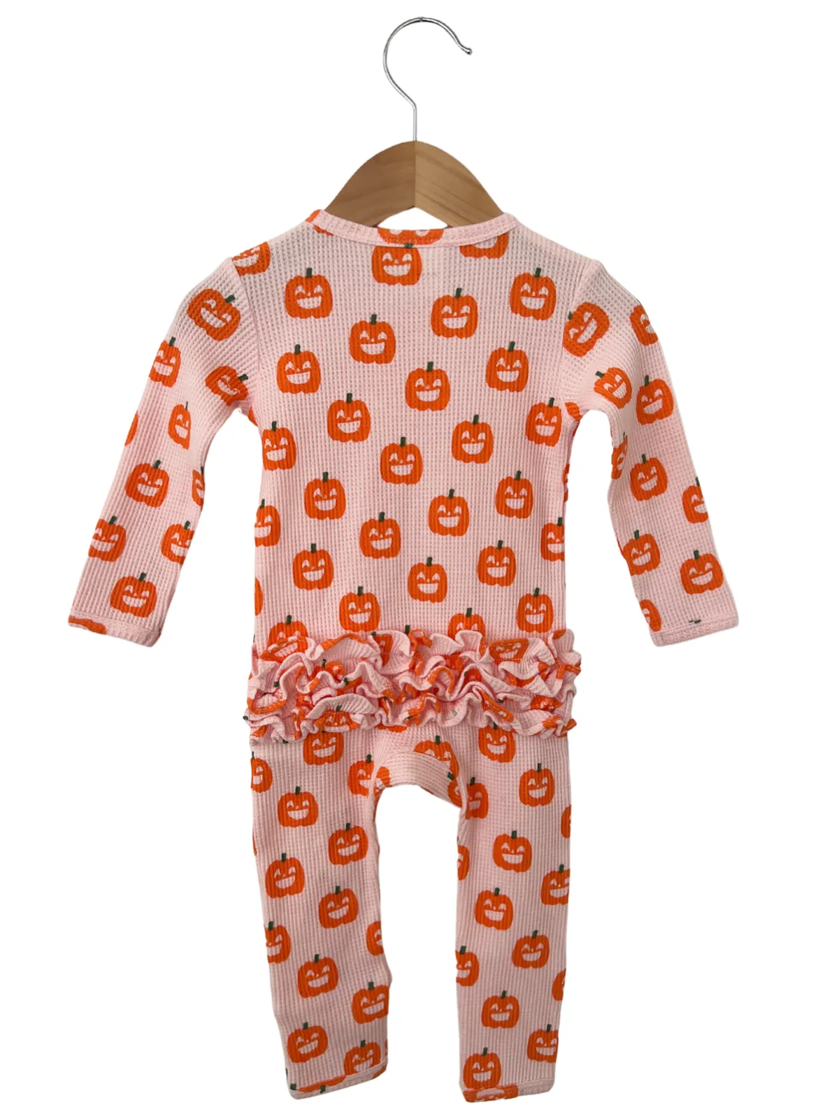 Organic Waffle Ruffle Zip Romper, Blush Jack-O-Lantern