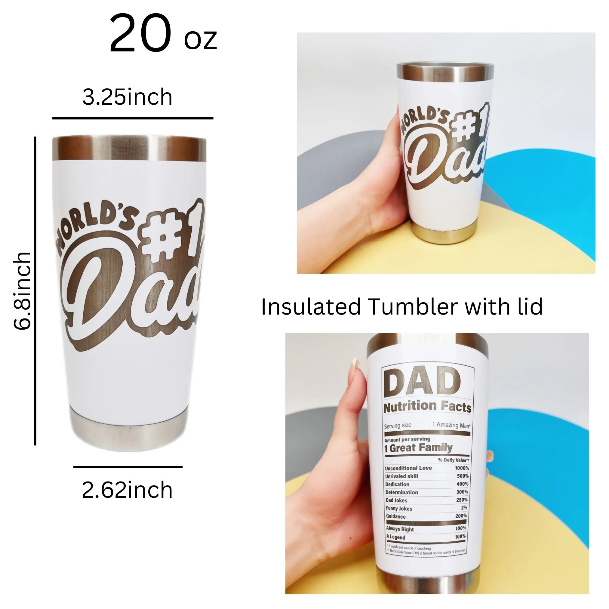 Personalized Engraved Tumblers, Best Dad Ever and Nutrition Fact Birthday Gift for Dad, 20oz Stainless Steel Custom Coffee Tumbler