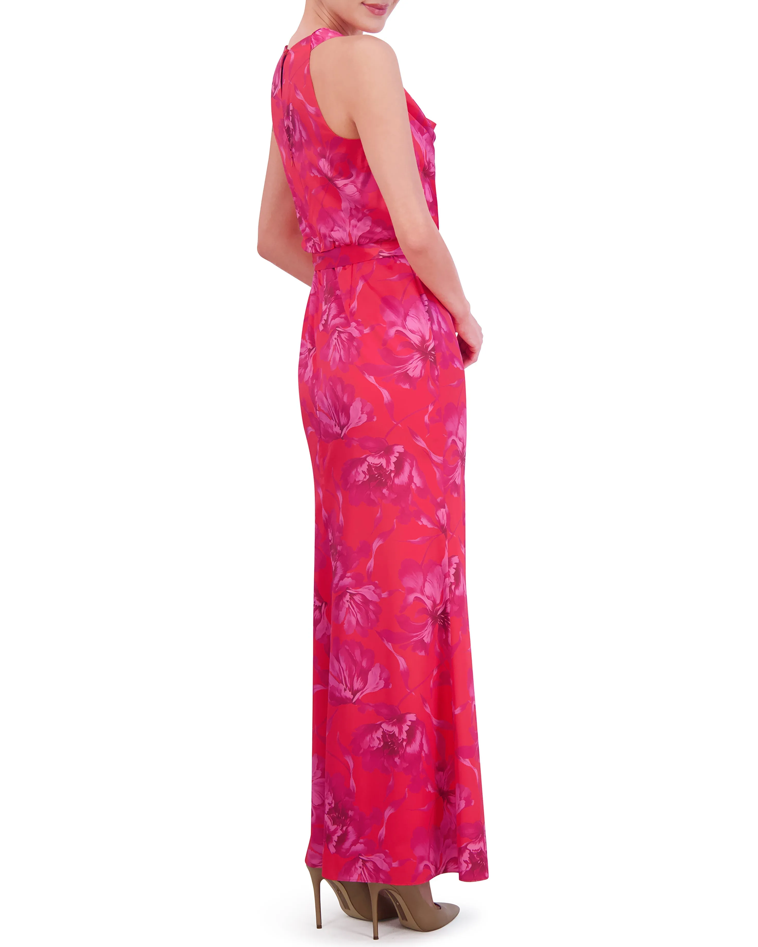 Printed Cowl-Neck Blouson-Bodice Gown