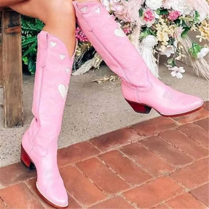 Women Embroidery Heart Cowgirl Boots Colorful Knee High Boot