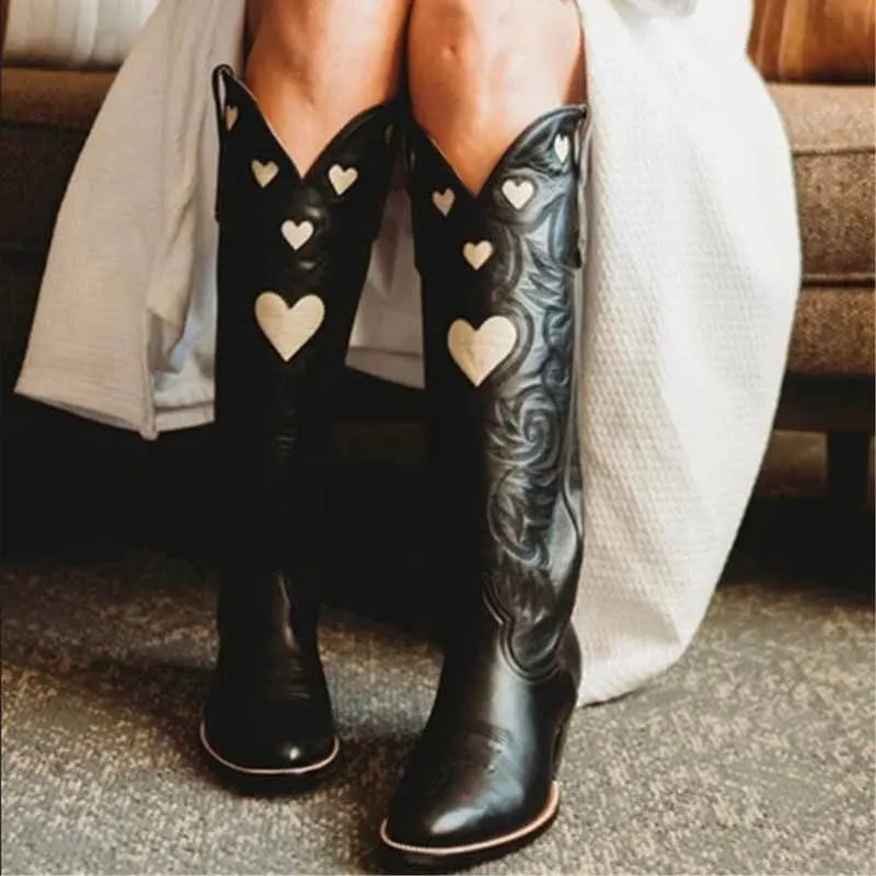 Women Embroidery Heart Cowgirl Boots Colorful Knee High Boot