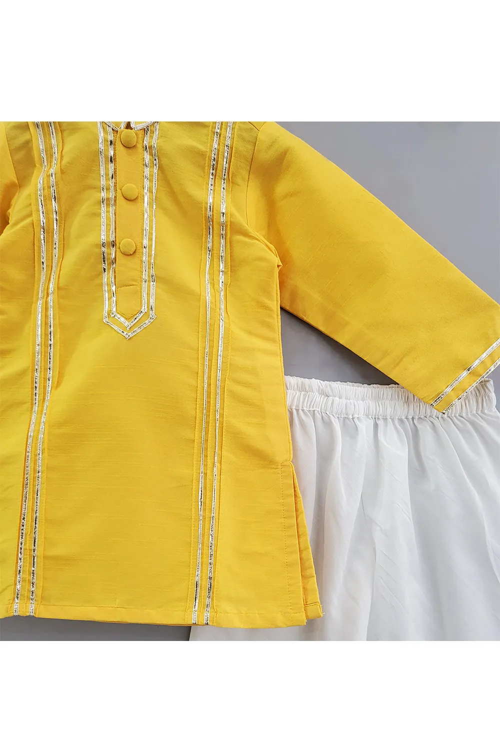 Yellow Lace Work Art Raw Silk Kurta And Pyjama