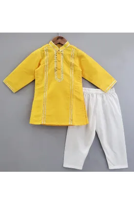 Yellow Lace Work Art Raw Silk Kurta And Pyjama